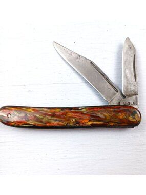 Vintage 2-Blade Pocket Knife With Swirled Acrylic Handle Made In U.S.A.